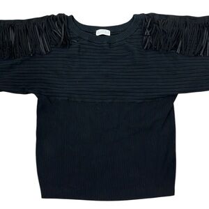 3/$15 Black Ribbed Sweater – Wide Sleeves, Fringe Shoulders, Western Boho